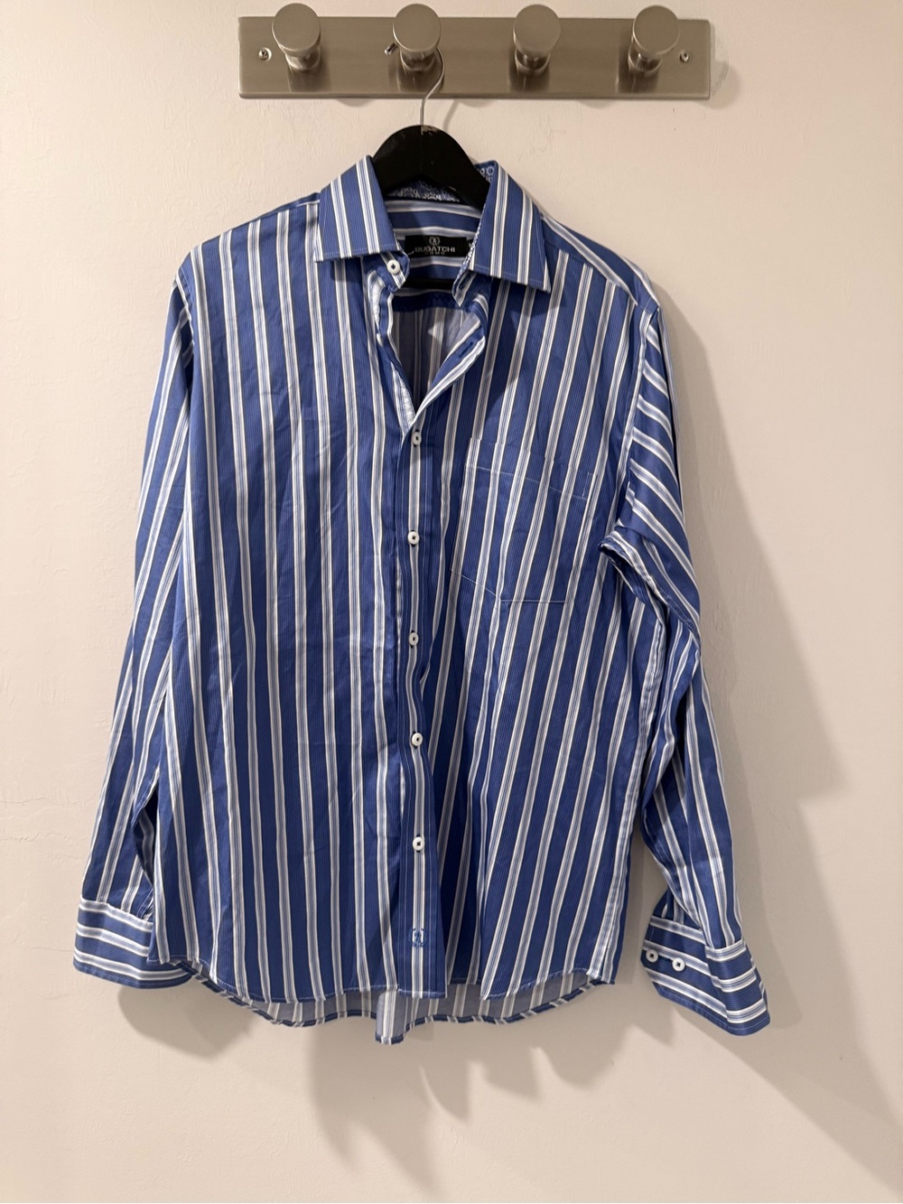 Bugatchi Blue and White Vertical Stripe Dress Shirt